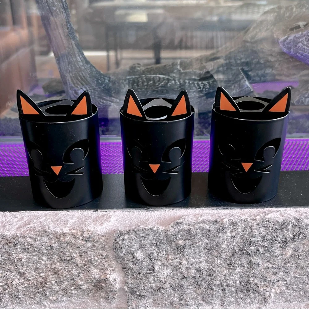 Black Cat Metal Teal Light Candle Holders Set of 3 Halloween Luminaries Decor